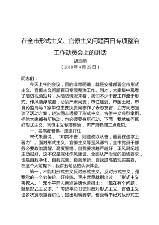 胡玖明：在全市形式主义、官僚主义问题百日专项整治工作动员会上的讲话