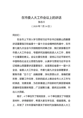 张志川：在市委人大工作会议上的讲话