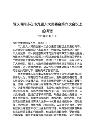 胡玖明：在市九届人大常委会第六次会议上的讲话