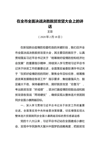 王菲：在全市全面决战决胜脱贫攻坚大会上的讲话