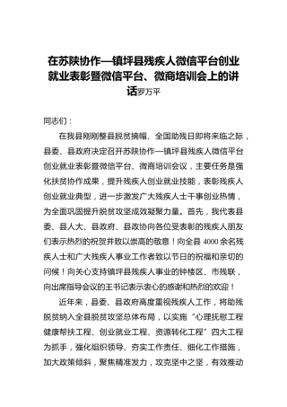 罗万平：在苏陕协作—镇坪县残疾人微信平台创业就业表彰暨微信平台、微商培训会上的讲话