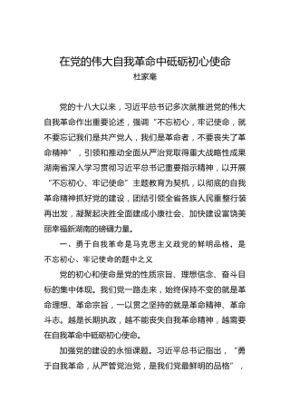 杜家毫：在党的伟大自我革命中砥砺初心使命