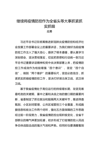 应勇：继续将疫情防控作为全省头等大事抓紧抓实抓细