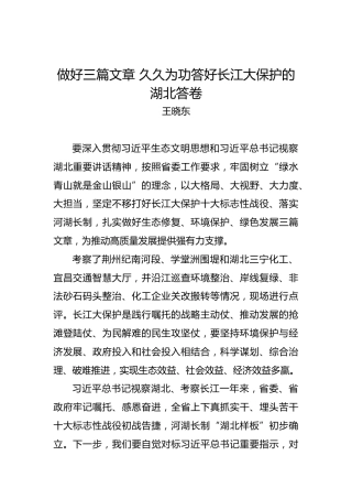 王晓东：做好三篇文章久久为功答好长江大保护的湖北答卷