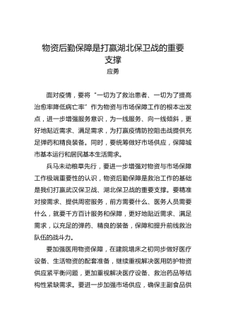 应勇：物资后勤保障是打赢湖北保卫战的重要支撑