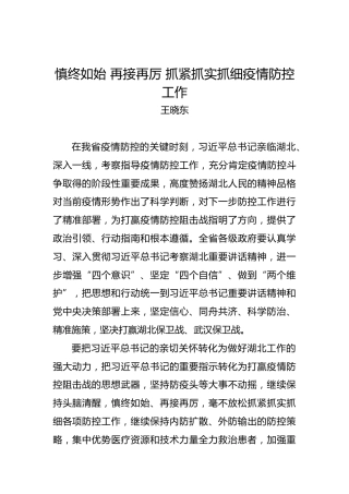 王晓东：慎终如始再接再厉抓紧抓实抓细疫情防控工作