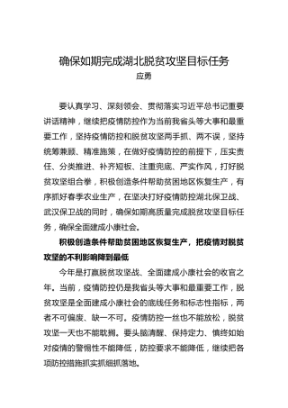 应勇：确保如期完成湖北脱贫攻坚目标任务