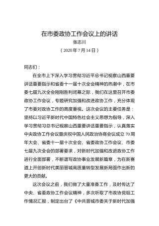 张志川：在市委政协工作会议上的讲话