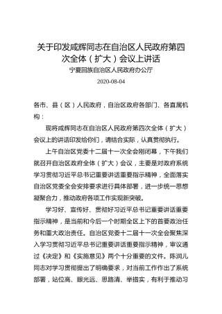 宁夏回族自治区人民政府办公厅：关于印发咸辉同志在自治区人民政府第四次全体（扩大）会议上讲话