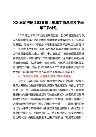 XX县司法局2026年上半年工作总结及下半年工作计划