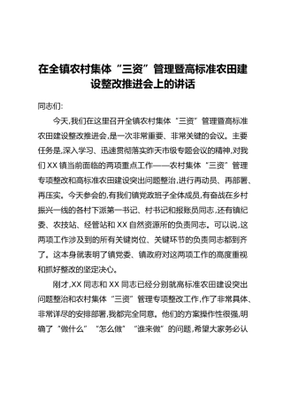 在全镇农村集体“三资”管理暨高标准农田建设整改推进会上的讲话