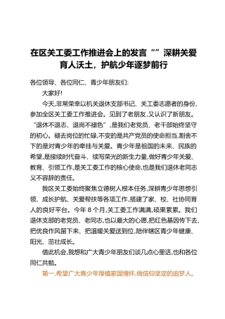在区关工委工作推进会上的发言：深耕关爱育人沃土，护航少年逐梦前行