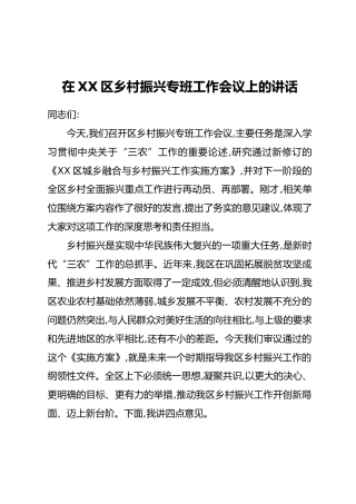 在XX区乡村振兴专班工作会议上的讲话