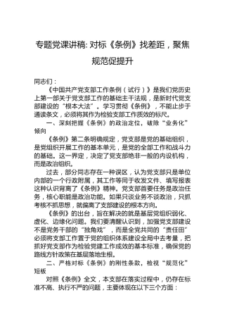 专题党课讲稿对标《条例》找差距，聚焦规范促提升
