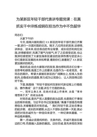 为某新区年轻干部代表讲专题党课：在真抓实干中淬炼成钢在担当作为中不负韶华