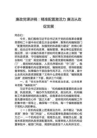 廉政党课讲稿：精准配置激活力廉洁从政促发展