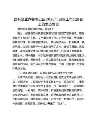 国有企业党委书记在2026年巡察工作反馈会上的表态发言