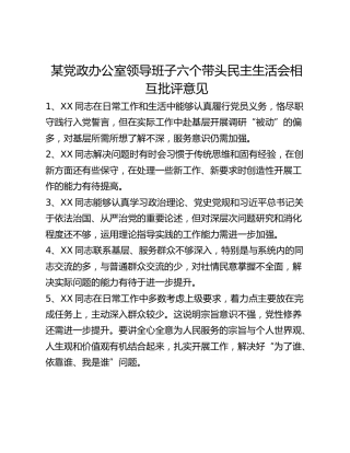 某党政办公室领导班子民主生活会相互批评意见