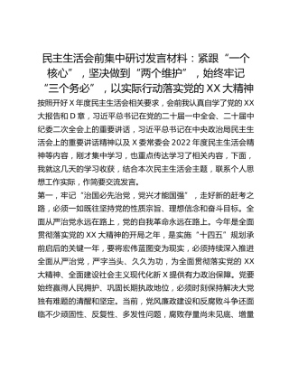 民主生活会前集中研讨发言材料：紧跟“一个核心”，坚决做到“两个维护”，始终牢记“三个务必”，以实际行动落实党的二十大精神