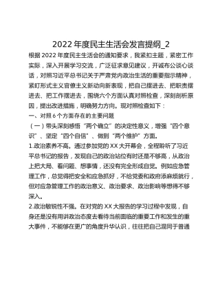 2022年度民主生活会发言提纲_2