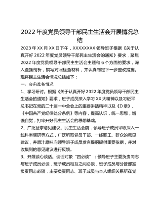 2022年度党员领导干部民主生活会开展情况总结