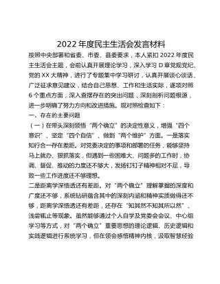 2022年度民主生活会发言材料