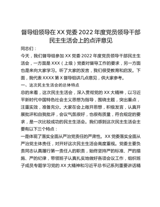 督导组领导在2022年民主生活会上的点评意见