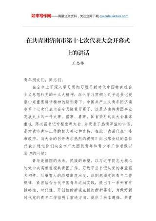 王忠林：在共青团济南市第十七次代表大会开幕式上的讲话