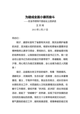 王天琦：为建成全面小康而奋斗——在全市领导干部会议上的讲话