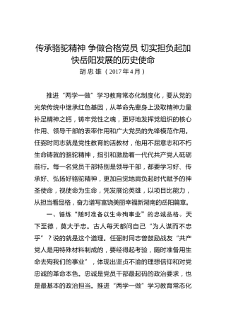 胡忠雄：传承骆驼精神争做合格党员切实担负起加快岳阳发展的历史使命