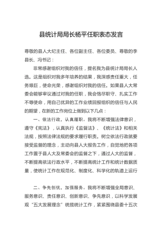 县统计局局长杨平任职表态发言