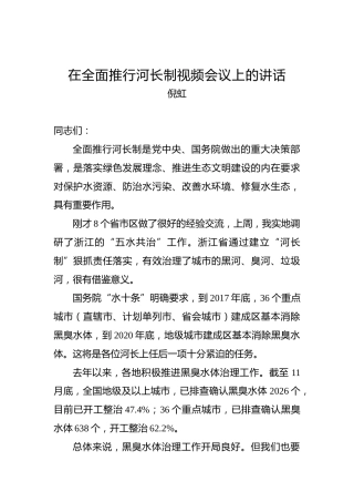 倪虹：在全面推行河长制视频会议上的讲话