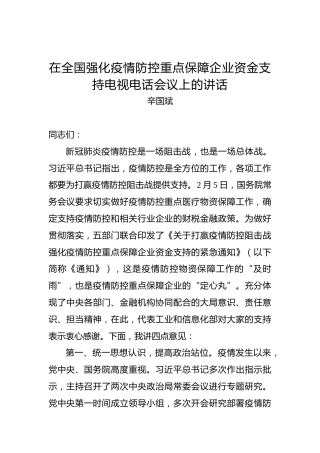 辛国斌：在全国强化疫情防控重点保障企业资金支持电视电话会议上的讲话