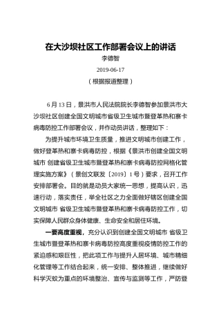 李德智：在大沙坝社区工作部署会议上的讲话