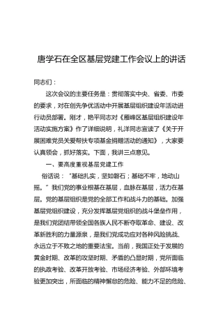 唐学石：在全区基层党建工作会议上的讲话