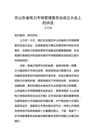 王万良：在山东省电力市场管理委员会成立大会上的讲话