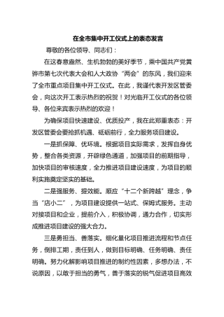 在全市集中开工仪式上的表态发言