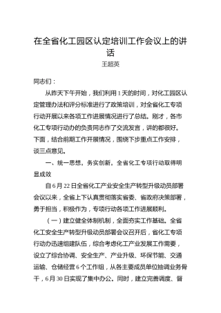 王超英：在全省化工园区认定培训工作会议上的讲话