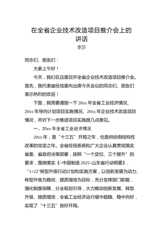 李莎：在全省企业技术改造项目推介会上的讲话
