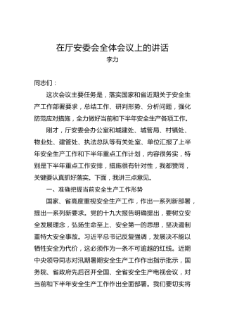 李力：在厅安委会全体会议上的讲话