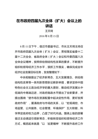 王天琦：在市政府四届九次全体（扩大）会议上的讲话