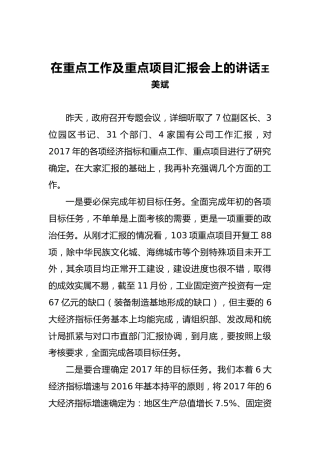 王美斌：在重点工作及重点项目汇报会上的讲话