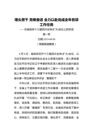 唐一军：埋头苦干克难奋进全力以赴完成全年各项工作任务——在省政府十三届四次全体(扩大)会议上的讲话