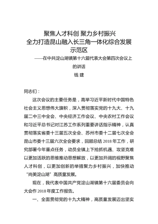 钱建：在中共淀山湖镇第十六届代表大会第四次会议上的讲话