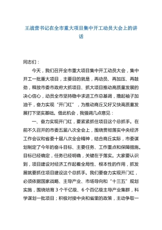 王战营书记在全市重大项目集中开工动员大会上的讲话