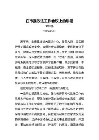 孟祥伟：在市委政法工作会议上的讲话