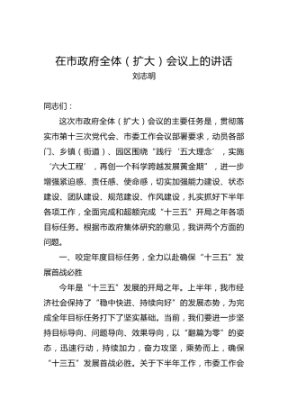 刘志明：在市政府全体（扩大）会议上的讲话