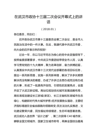 陈一新：在武汉市政协十三届二次会议开幕式上的讲话