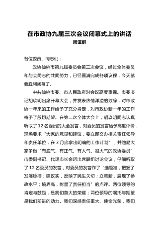 周谊群：在市政协九届三次会议闭幕式上的讲话