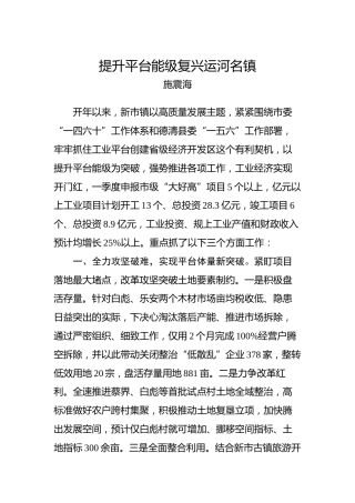 施震海：湖州市第一次乡镇（街道）党委书记工作交流会发言